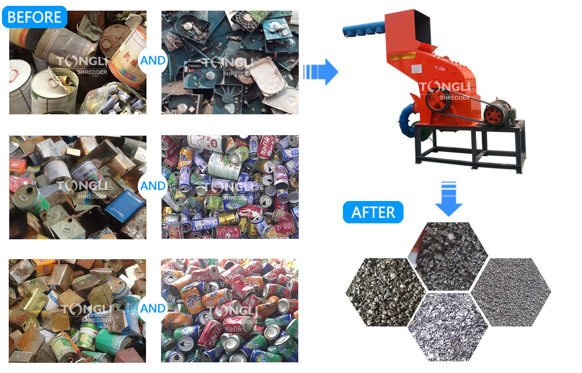 mostly shred metal cans, paint bucket, hard drive and thin materials
